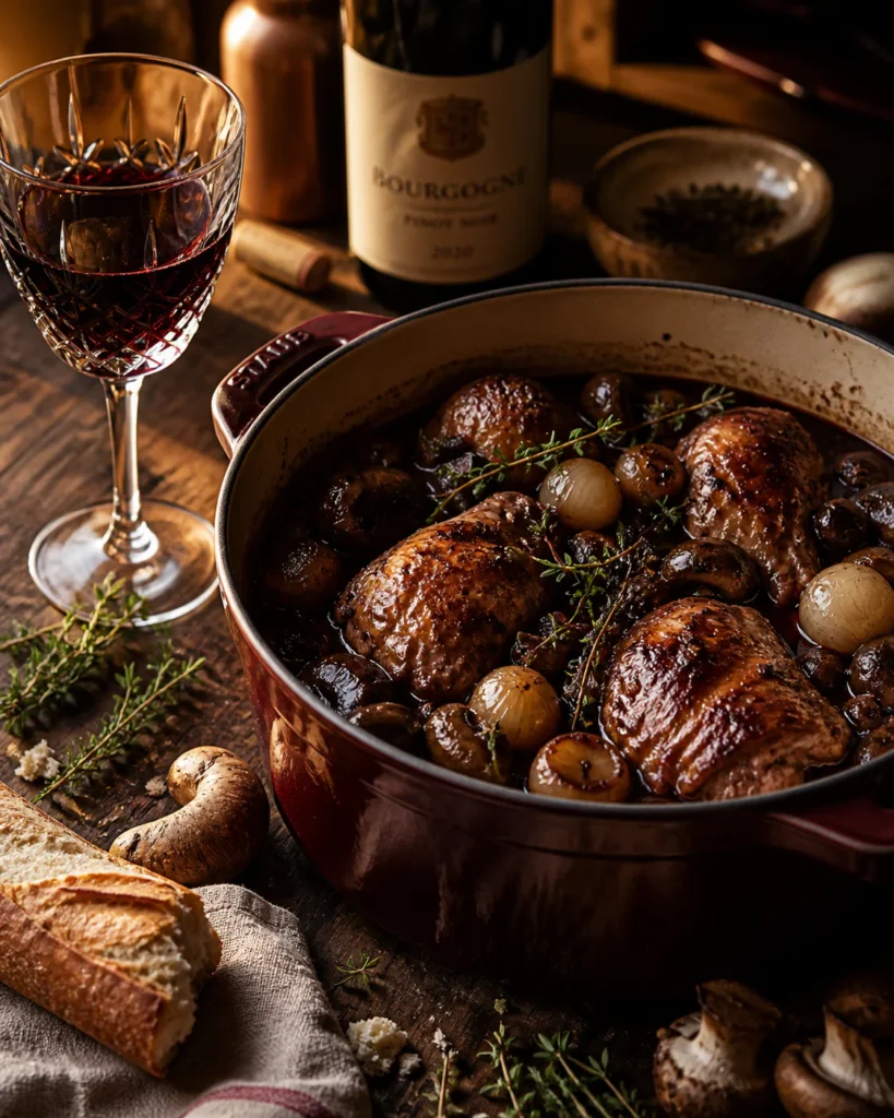 A rustic French bistro scene featuring a traditional cast iron cocotte of coq au vin with a glass of red Burgundy wine, surro