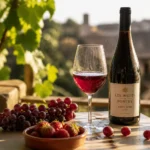 Elegant outdoor table setting with a chilled glass of light ruby-red wine showing condensation droplets, a wine bottle, and f