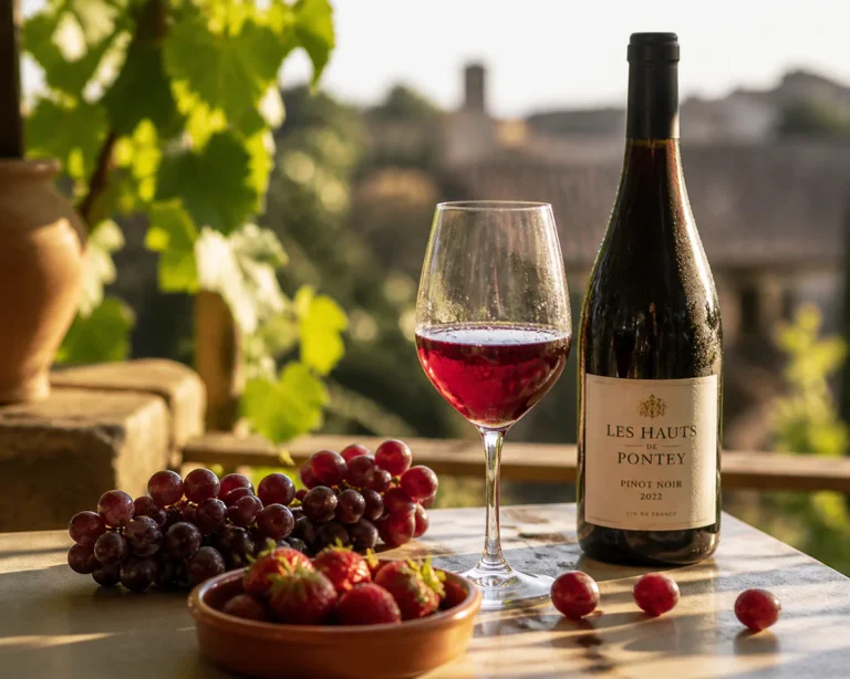 Elegant outdoor table setting with a chilled glass of light ruby-red wine showing condensation droplets, a wine bottle, and f